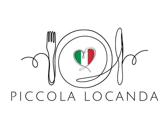 Logo Piccola Locanda – Teller, Gabel, Messer und italienische Flagge als Herz